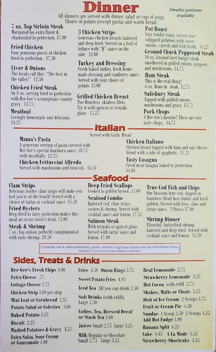 BeeGees Diner Menu - Image 1